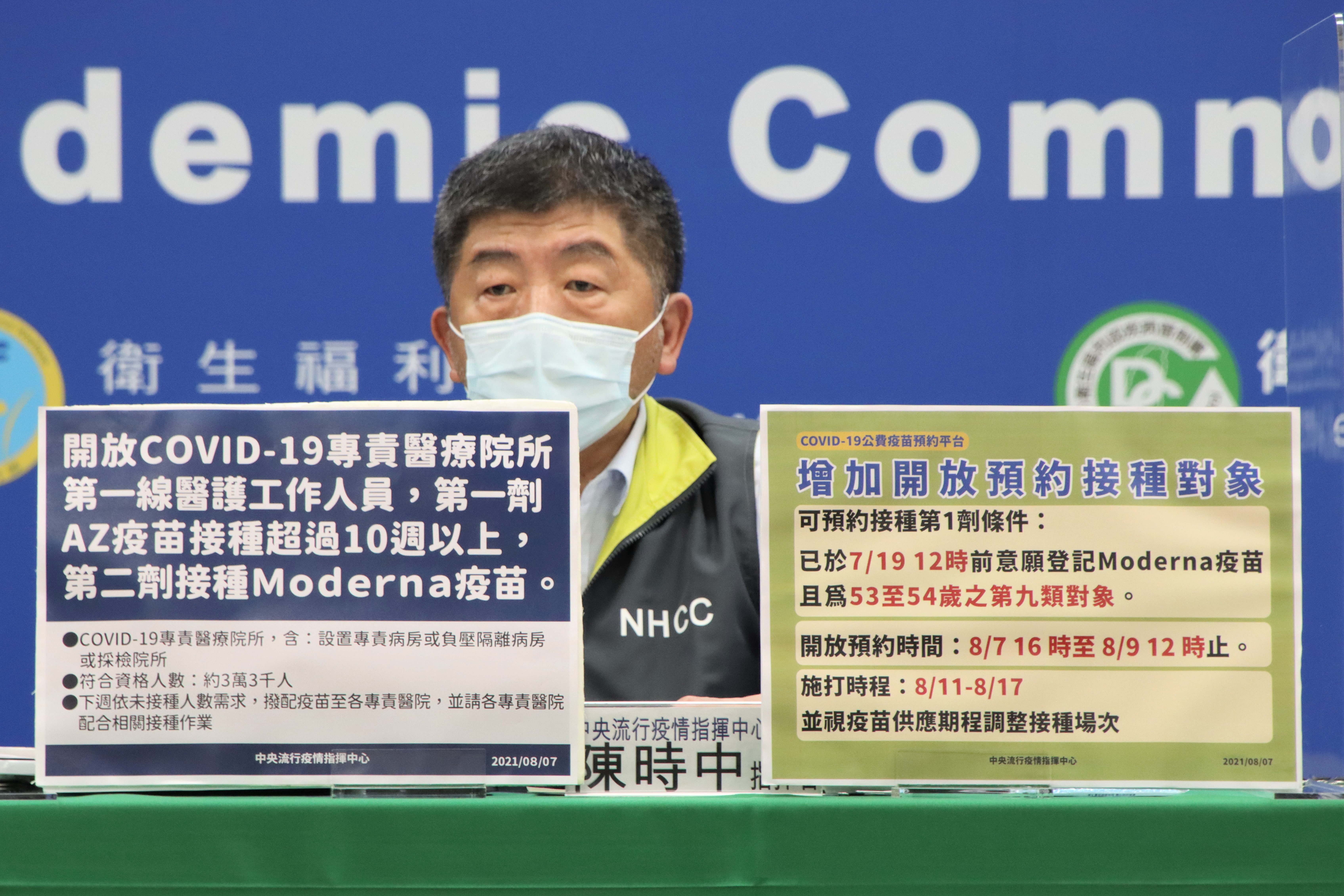 陳時中今日宣布，將增加開放53-54歲之第九類對象預約莫德納疫苗，並且規劃長者到宅接種服務與疫苗混打。（指揮中心提供）