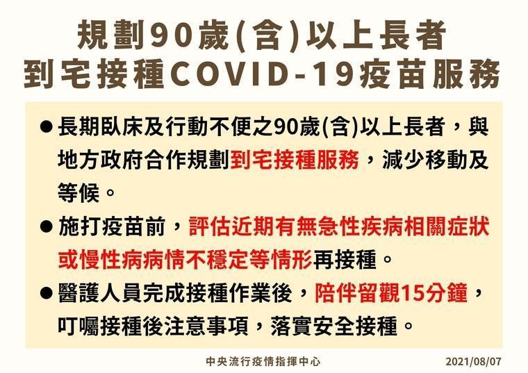 指揮中心規劃90歲（含）以上長者到宅接種的服務。（指揮中心提供）