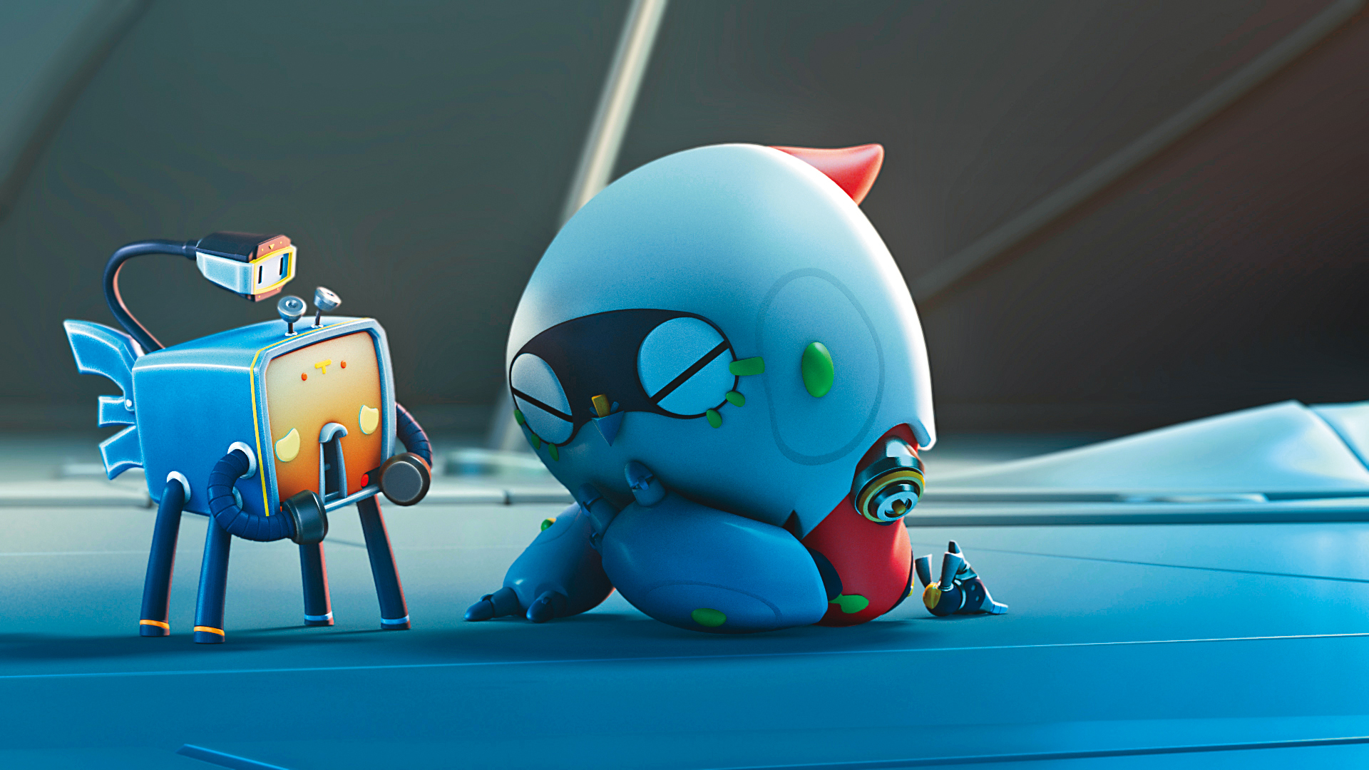 科普動畫影集《歐米天空》把角色形象簡單化，例如歐米（右）是圓形、小電箱（左）是方形，讓孩子容易記憶。（公視提供）