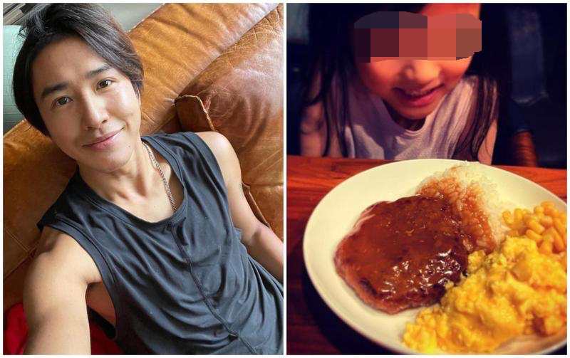 歐漢聲（左圖）在IG中分享一張女兒看著食物的照片（右圖），並寫著：「今日爸爸特調牛油漢堡排黃金玉米歐姆蛋套餐！」。（翻攝自IG）
