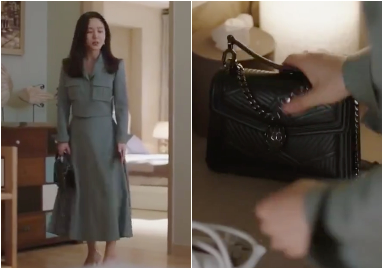 女星朴柱美在韓劇《婚詞離曲》中受到分居丈夫無理取鬧的要求時，憤而拿著BVLGARI Serpenti Diamond Blast黑色小羊皮手提肩背包準備出門。（翻攝自網路）