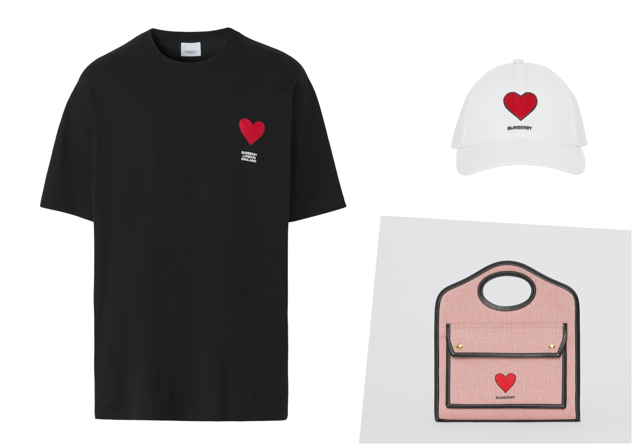 BURBERRY七夕推出專屬限定系列，以愛心圖案設計包款、帽子與上衣。（BURBERRY提供） 