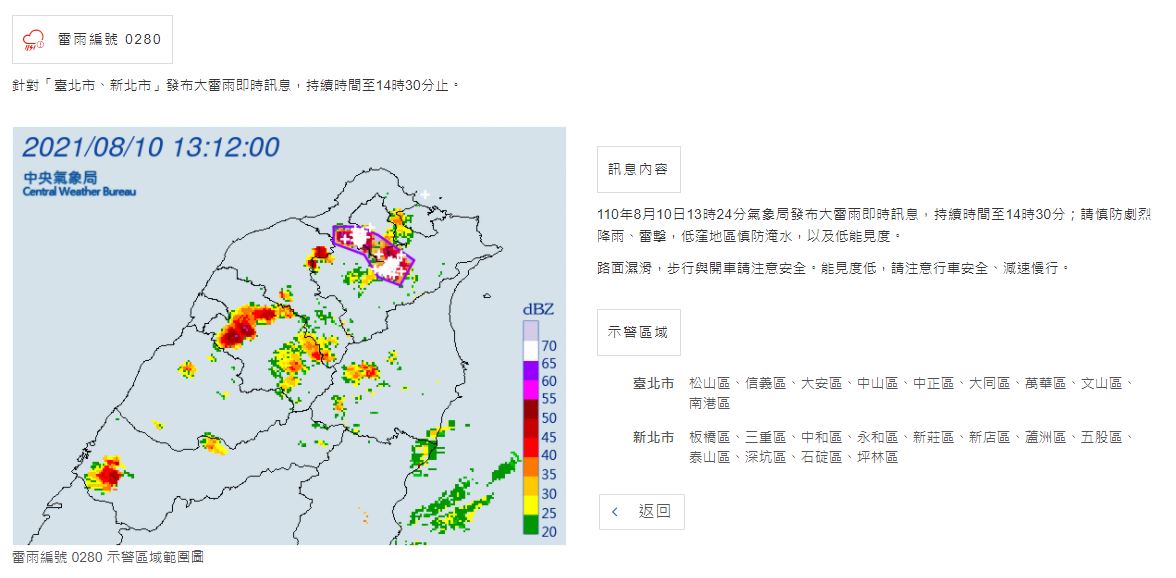 氣象局針對台北市、新北市發布大雷雨即時訊息。(氣象局提供)