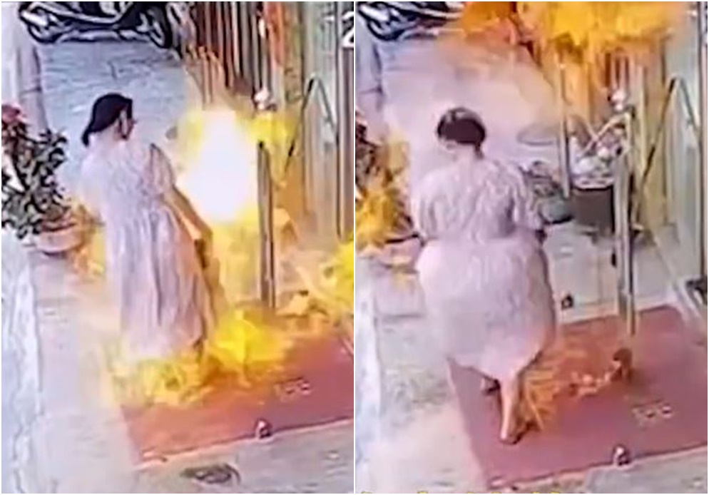 女店員烤魷魚添加酒精引起爆燃，一旁圍觀的婦女還孩子被火球撲身。（翻攝微博）