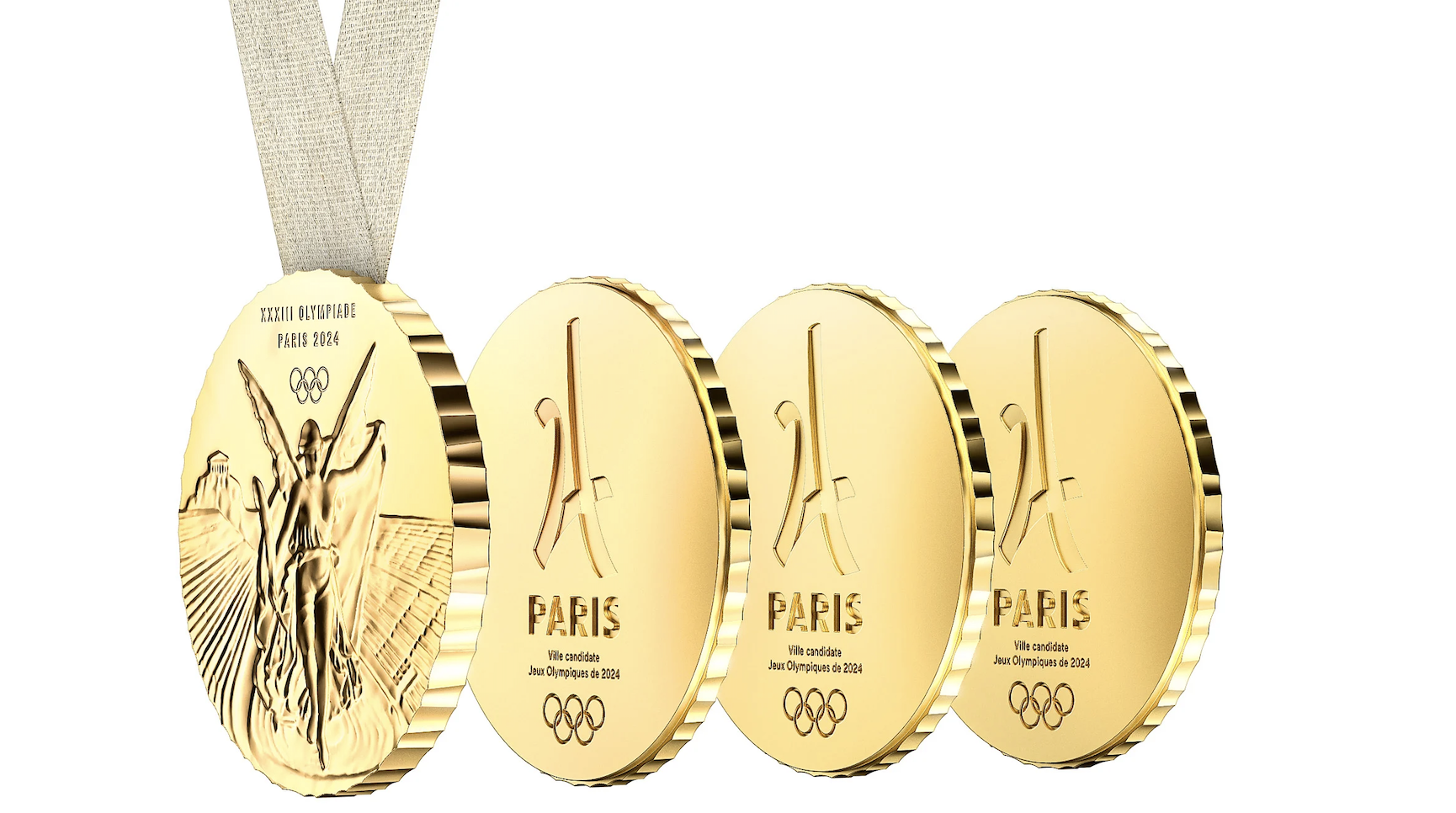 2024巴黎奧運金牌設計理念是「分享」，可拆成4面。（翻攝Paris 2024推特）