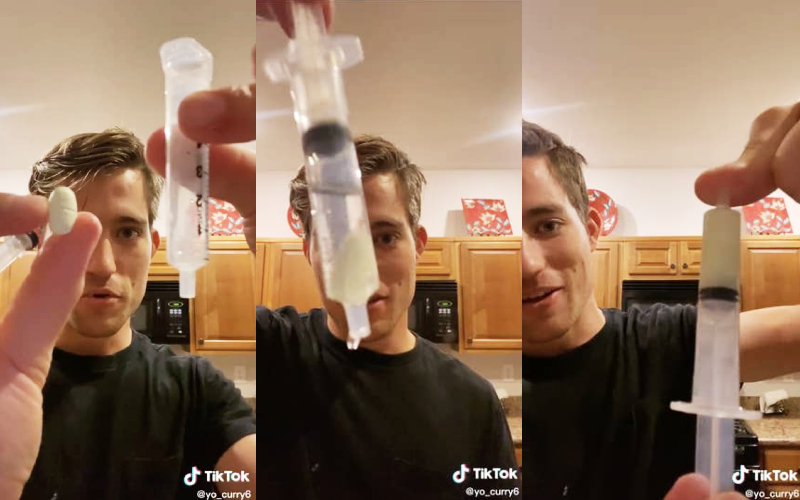 Curry將藥丸放進空針筒，吸水後再排出多餘空氣，最後抵住針孔洞，將推桿向後拉撞擊藥丸。（翻攝自TikTok@yo_curry6）