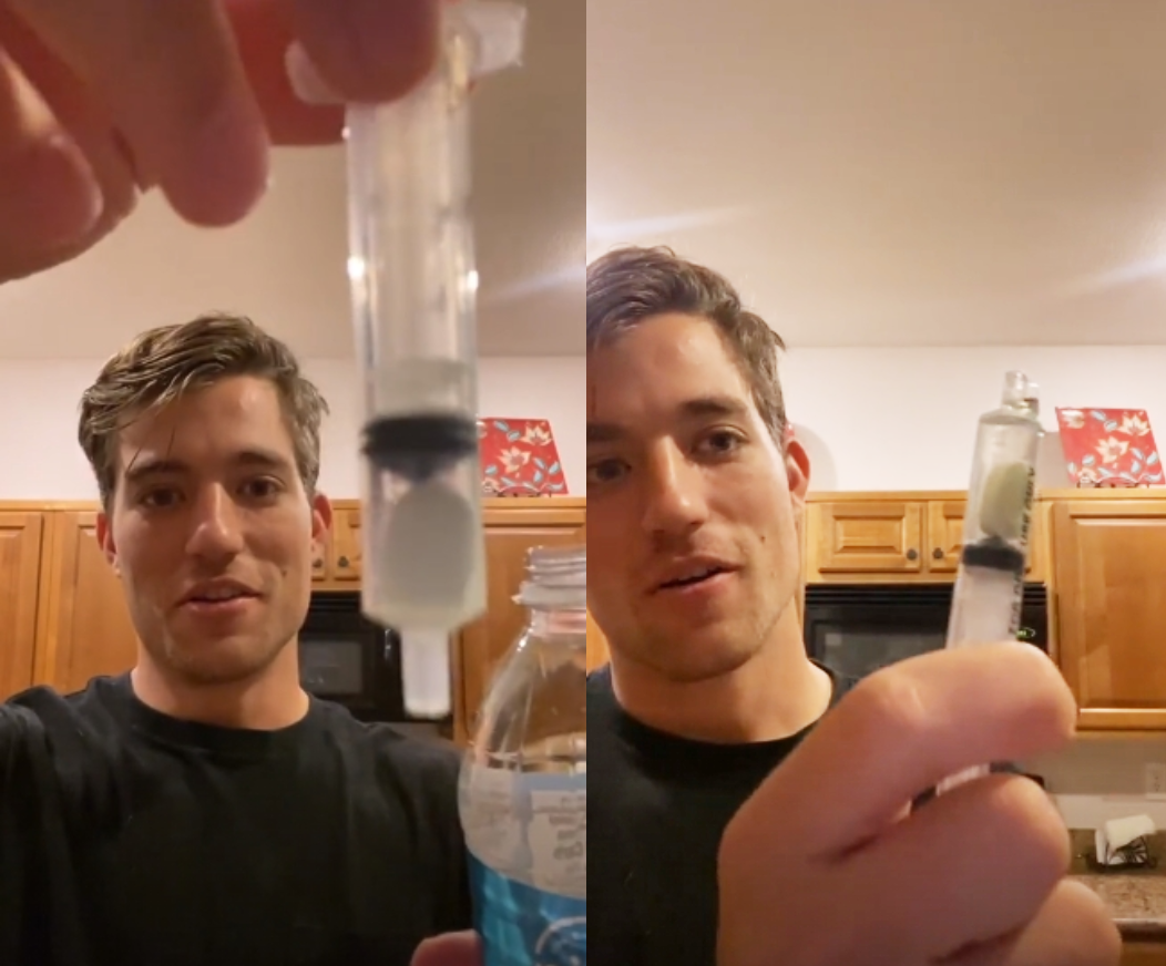 影片中特別提醒吸水前要將推桿壓緊藥丸,吸水後要將針筒中的多餘空氣推出。