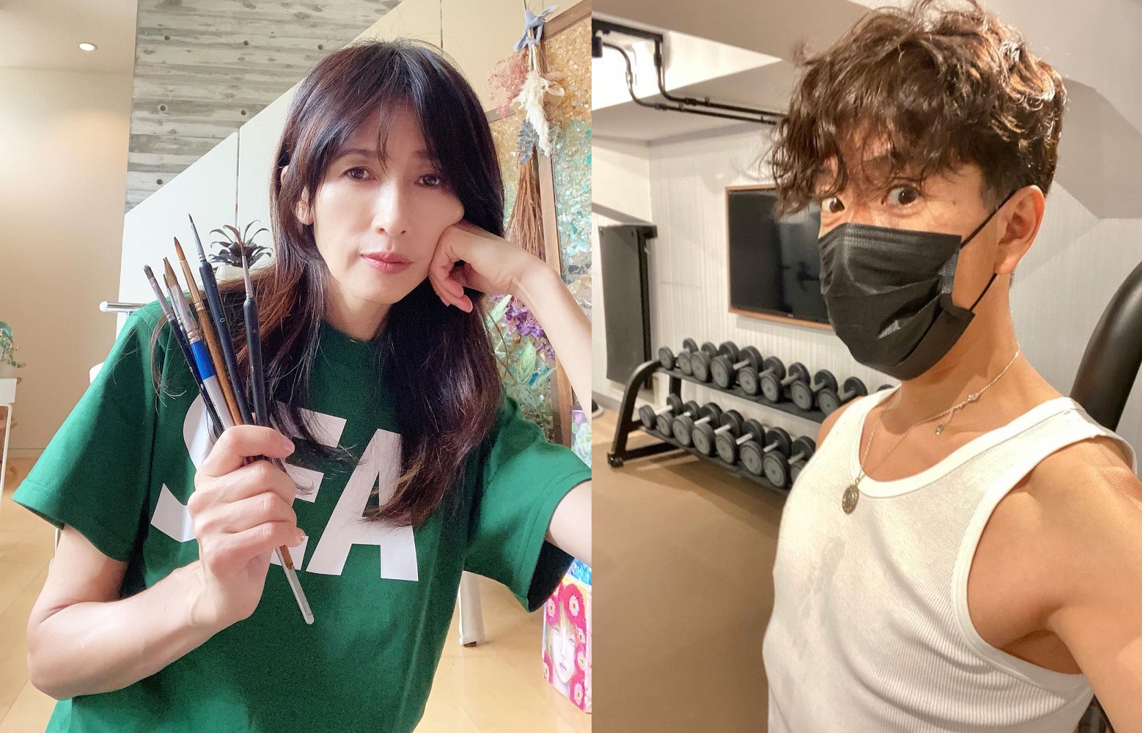 木村拓哉（右圖）目前人在義大利拍攝新劇，老婆工藤靜香則忙著準備畫展。（左圖翻攝自工藤靜香Instagram，右圖翻攝自木村拓哉Instagram）