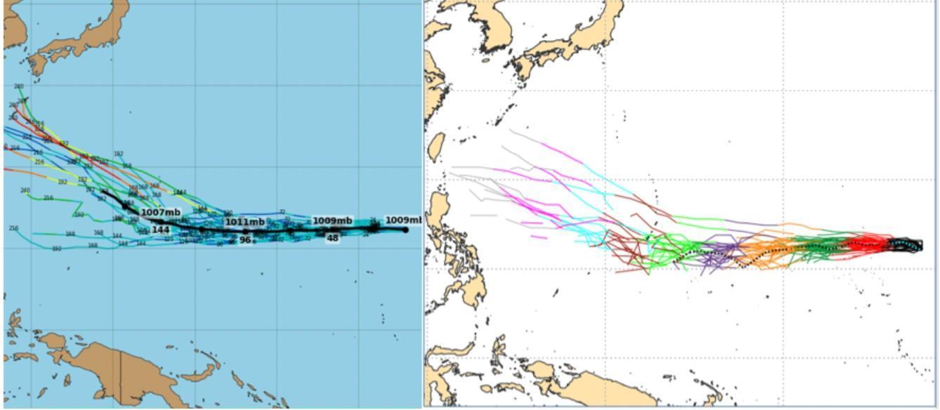最新(11日20時)美國系集(GEFS)模式模擬的路徑,大致向西前進,但行經東經145度(關島附近),路徑開始分歧,行至東經130度時,南北分散程度已超過1千公里(左圖);歐洲(ECMWF)系集模式,模擬的路徑,大致也是偏西,但模擬弱了許多,通過東經145度後,大多已無法繪出完整路徑(右圖)。(翻攝自三立準氣象· 老大洩天機專欄)