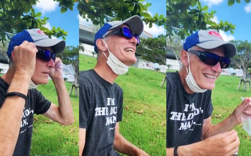 色覺障礙的父親收到兒子送的色覺矯正眼鏡，戴上後對於看到的新世界又驚喜又感動。（翻攝推特@lucky_jei）