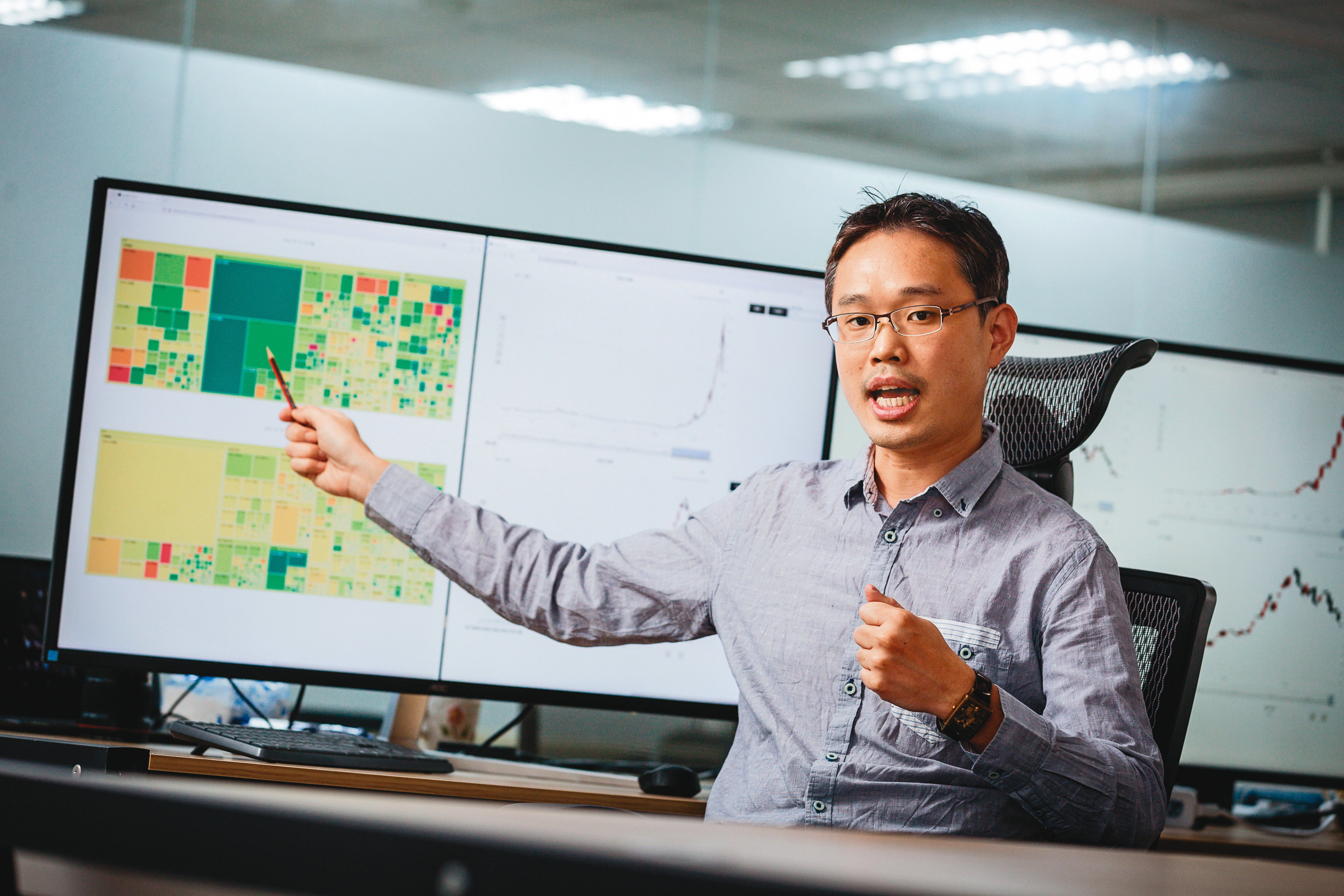 19歲就踏入股市的曾國展，結合基本面與技術面操作股票，40歲已財富自由。圖為他自創偵測產業成交熱度軟體。