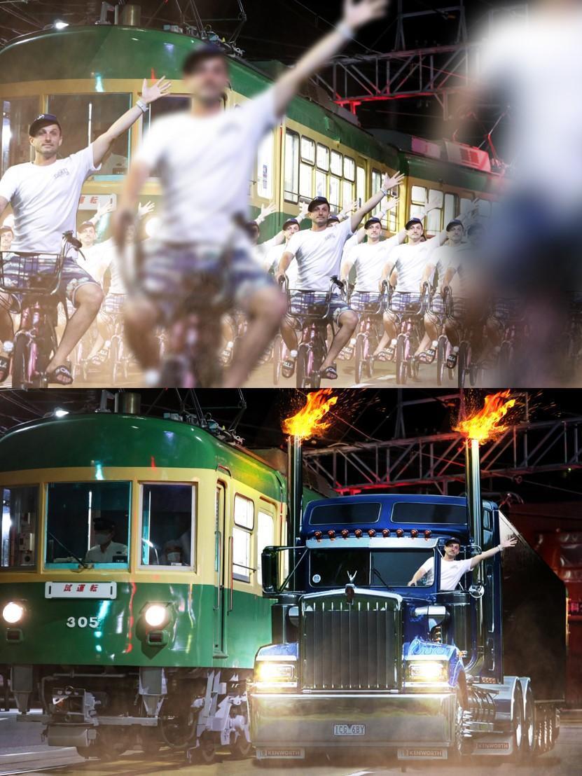 單車小哥亂入電車照片開始被P成其他的騎乘入場方式。(翻攝推特@WdGesi)