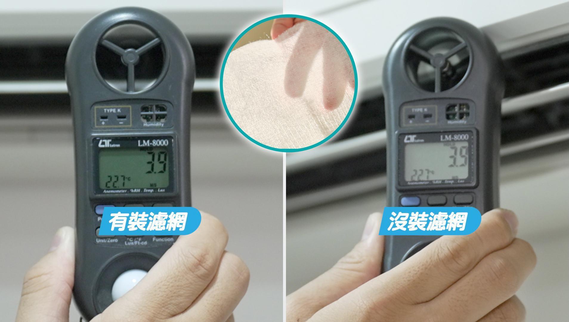 經過風速計實測,無論有沒有加貼3M靜電空氣濾網都幾乎不會改變出風量。(風速計所量測之數據,會依不同冷氣機型及現場環境有所變化)