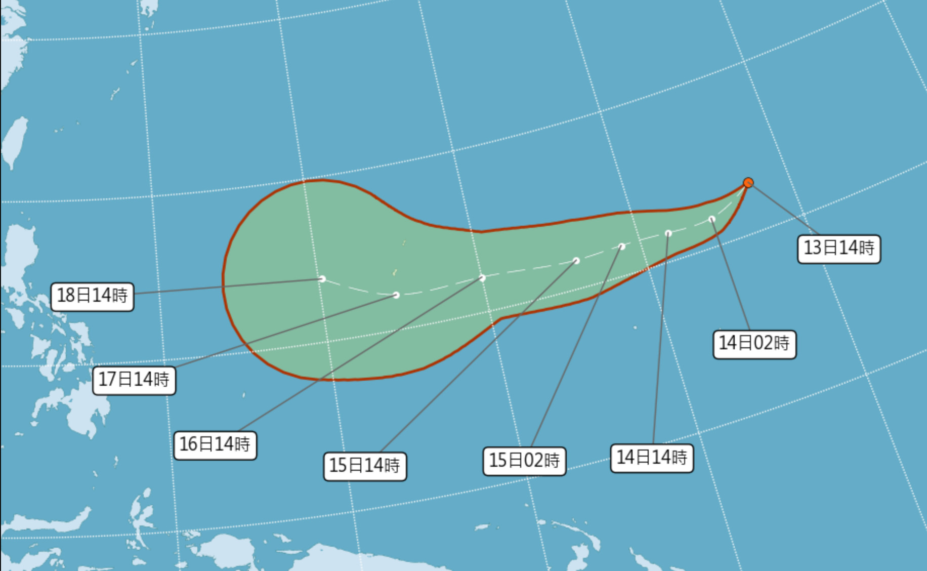 遠洋低壓升級為熱帶性低氣壓TD14，有機會增強為颱風。（翻攝自氣象局）