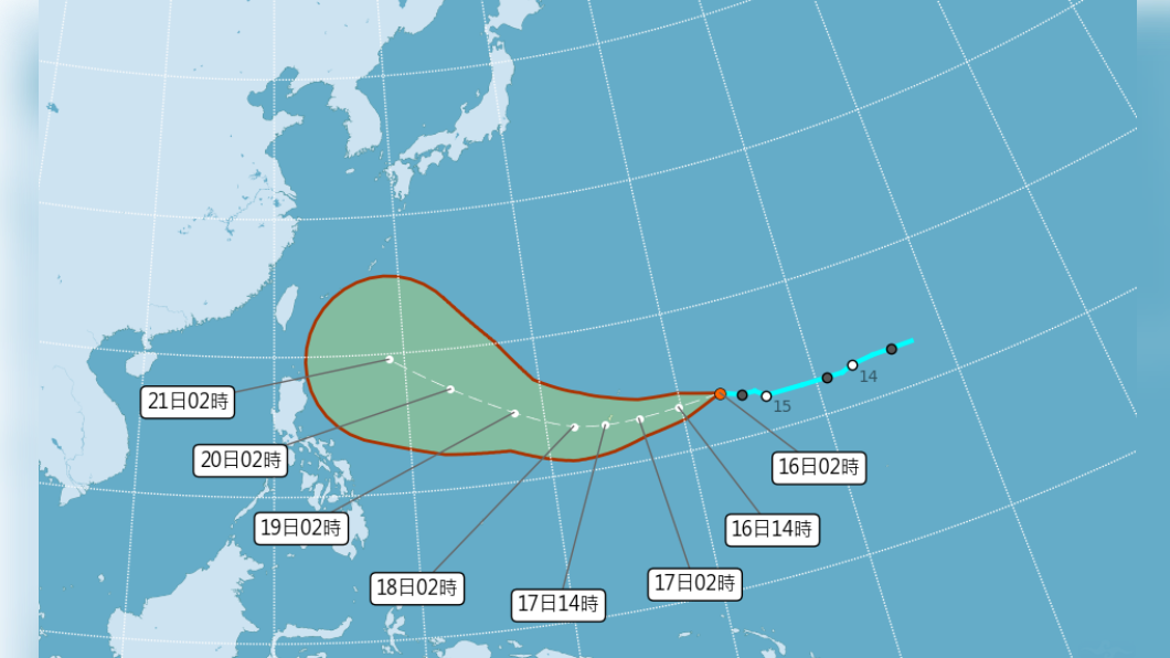 位於台灣東方的熱帶低壓未來2天有機會發展為颱風「奧麥斯」。（中央氣象局）