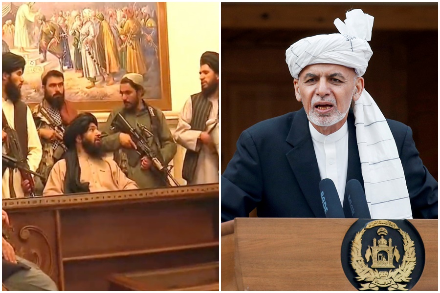 阿富汗總統甘尼逃離後，塔利班馬上進入總統府。（翻攝自Al Jazeera推特）