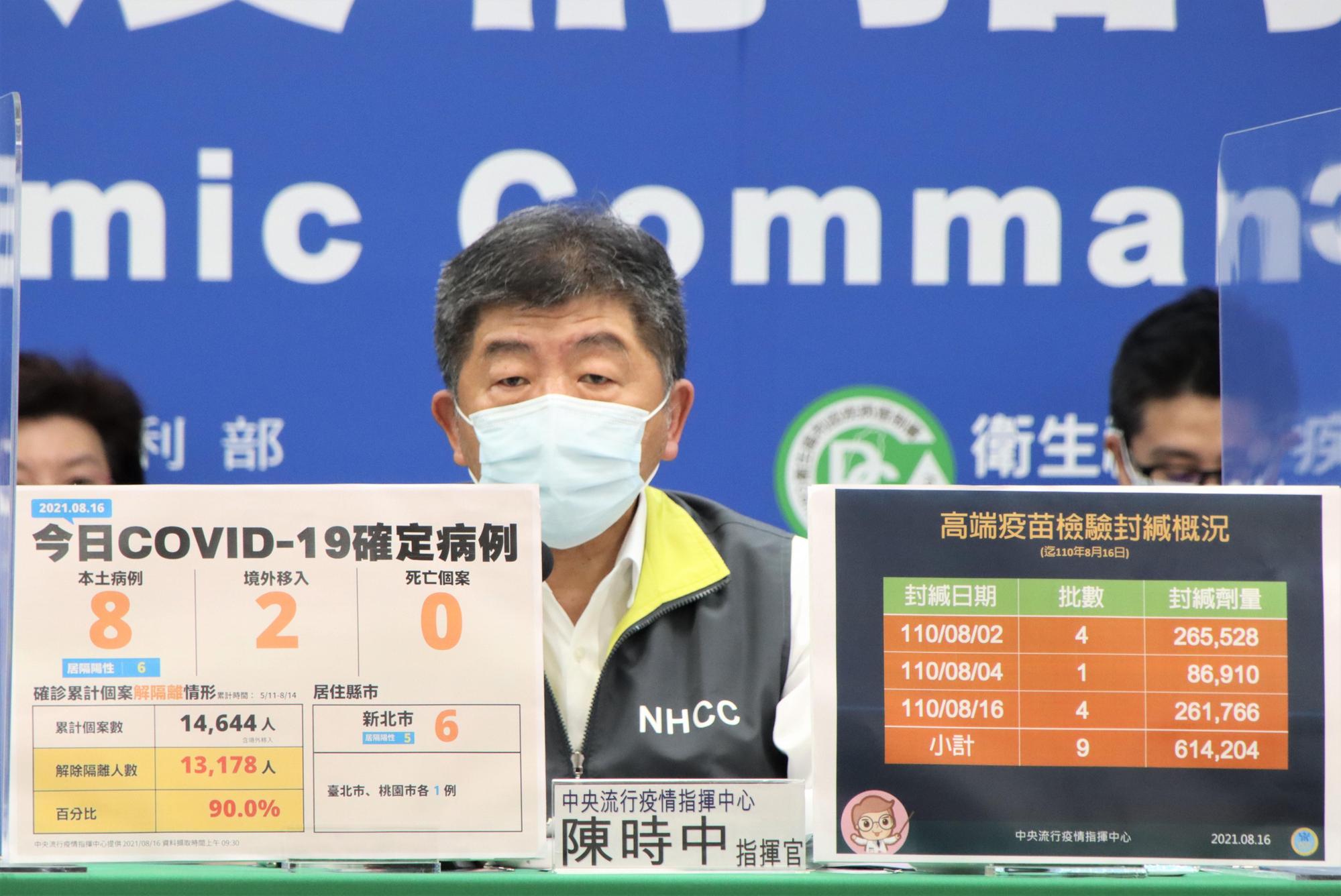 指揮官陳時中指出，目前食藥署已完成封緘檢驗61萬4,204劑疫苗，若是封緘的疫苗有增加，不排除會開放更多高端疫苗給想要接種的民眾。（指揮中心提供）