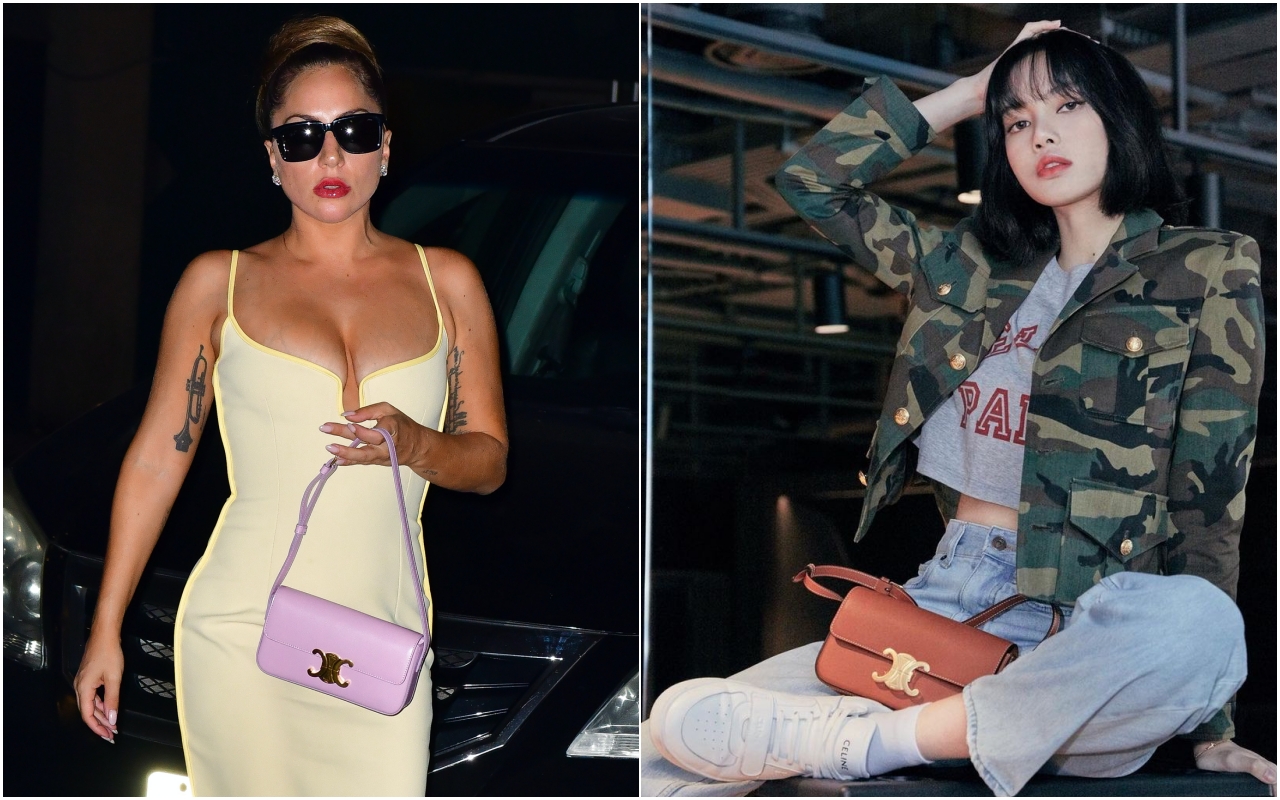 （左起）Lady Gaga與LISA皆示範TRIOMPHE系列短背帶肩背包的不同外出look。（CELINE提供）