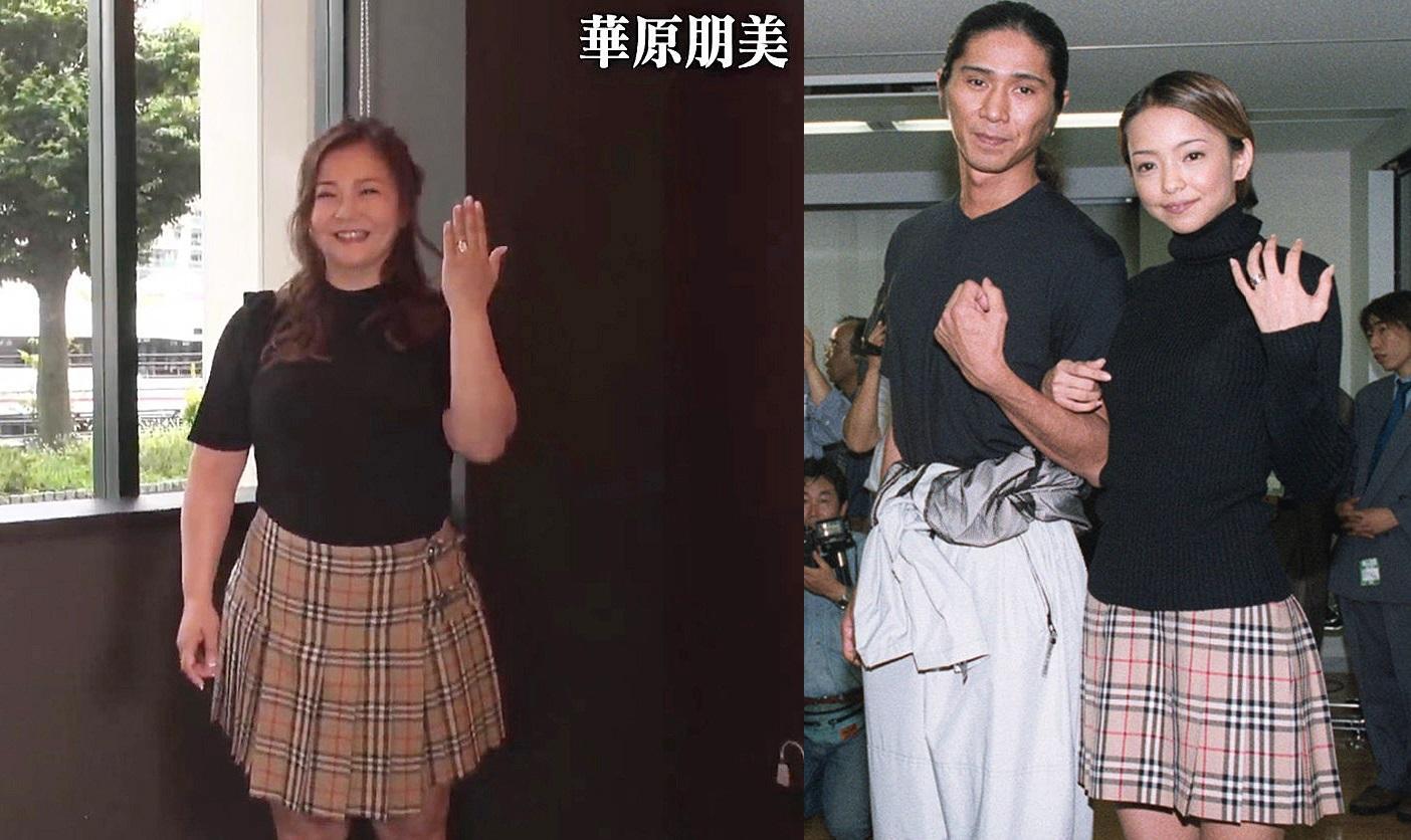 華原朋美（左圖）今召開結婚記者會，造型和安室奈美惠（右圖右）1997年宣布和Sam結婚的記者會服裝幾乎完全一樣。（左圖翻攝自直播畫面，右圖翻攝自wsj）