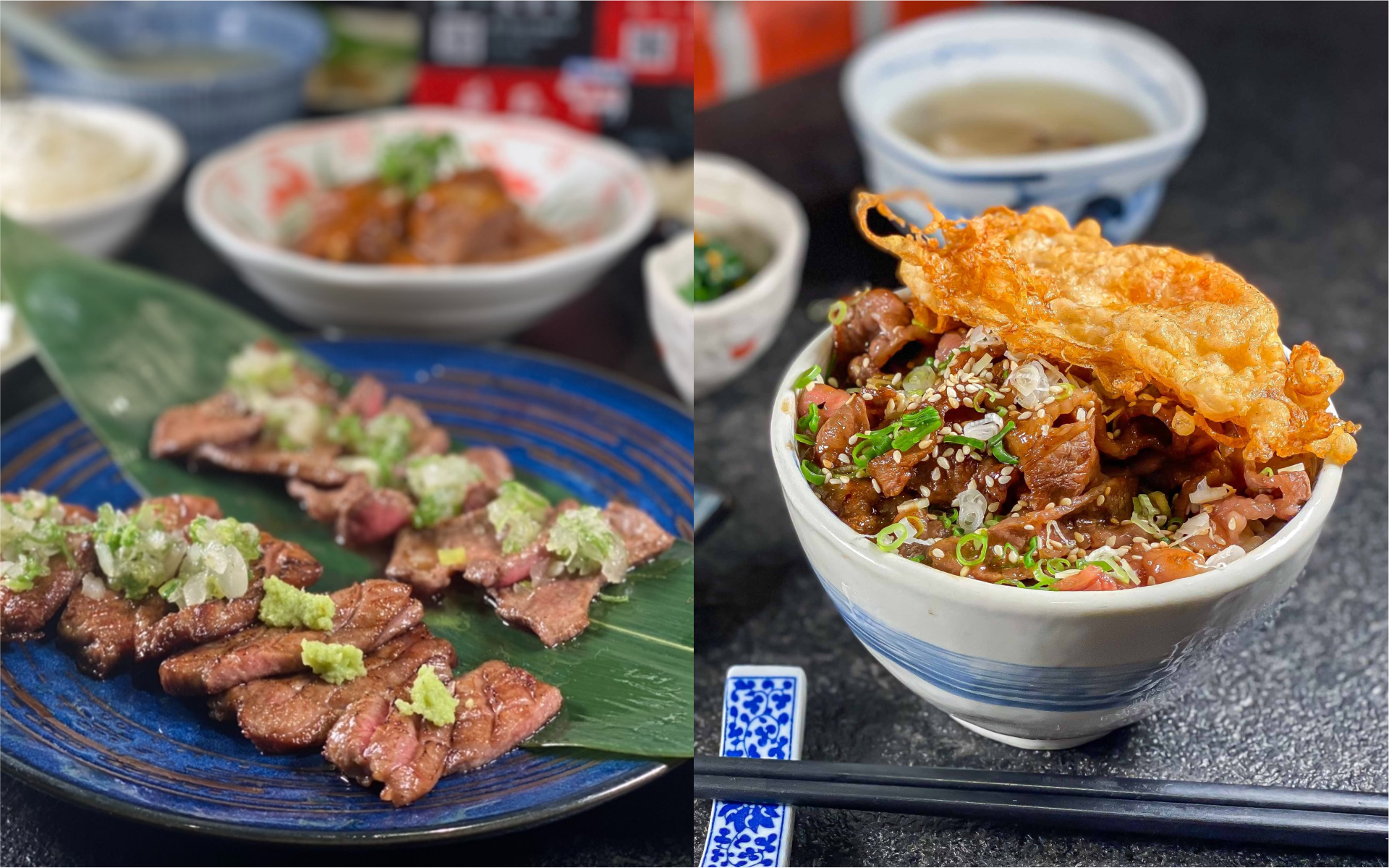 「和牛舌前、中、後定食」（左，960元／份）可一次吃到以備長炭燒烤的和牛舌3種部位，提前預約還有免費加碼升級的和牛滷肉飯、和牛油炸鴨蛋。（蘭亭和牛割烹提供）