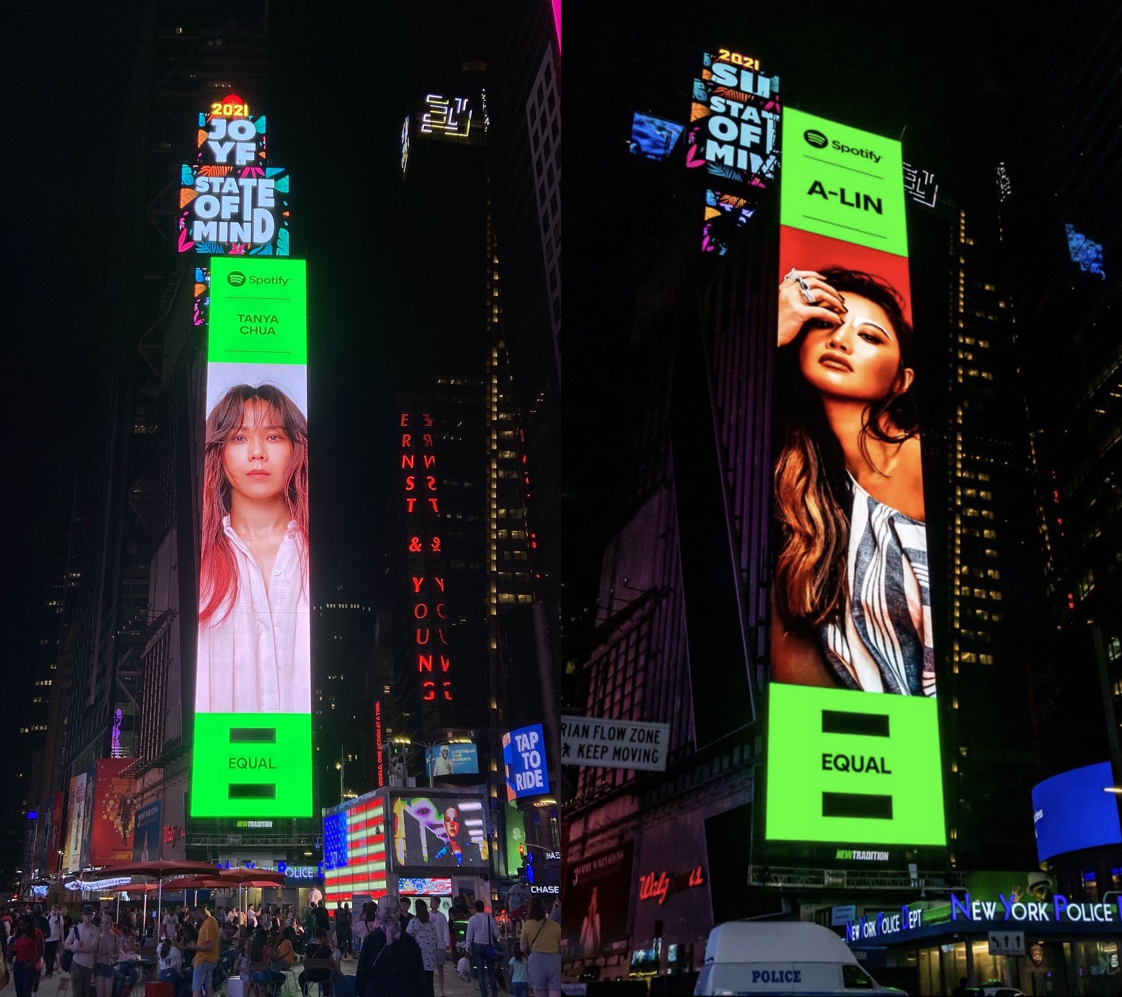 蔡健雅（左，環球唱片提供）、A-Lin（右，众悅娛樂提供）登上美國紐約時代廣場巨幅LED。