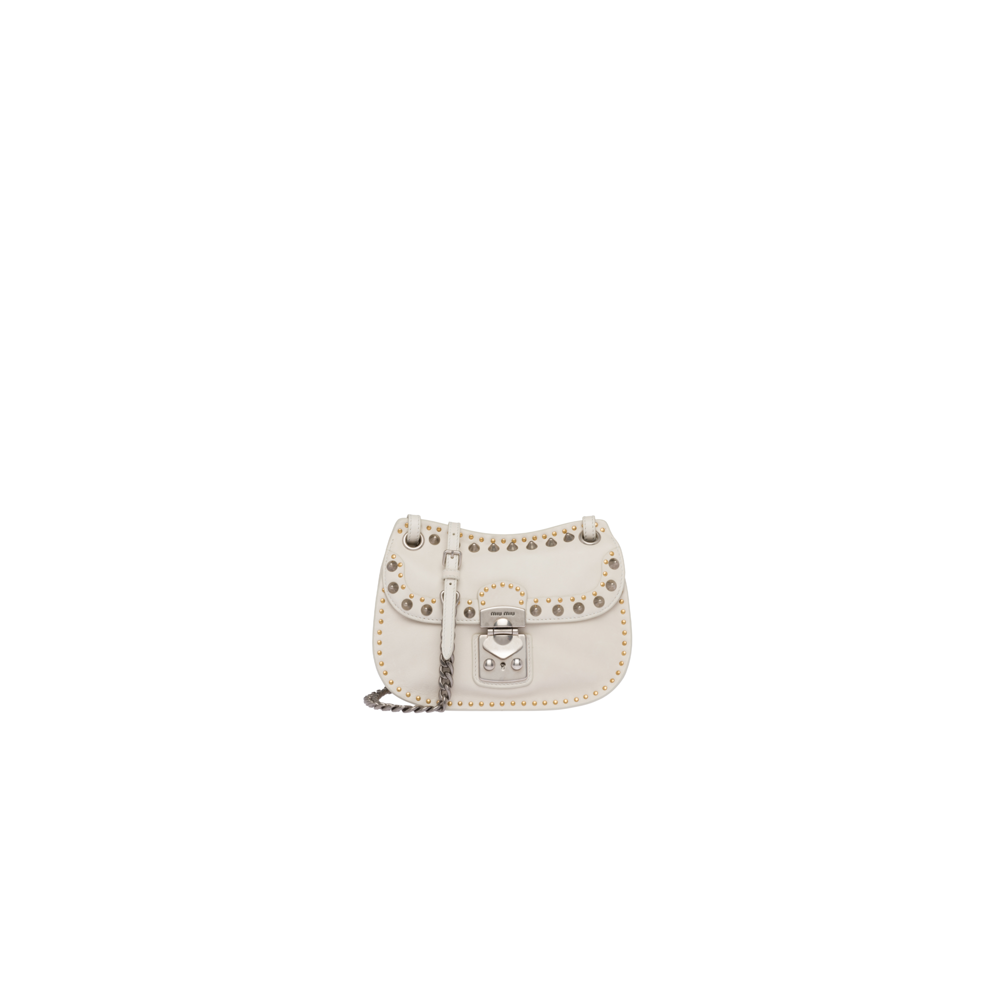 鉚釘皮革肩背包 NT$72,000 MIUMIU。（MIUMIU提供）