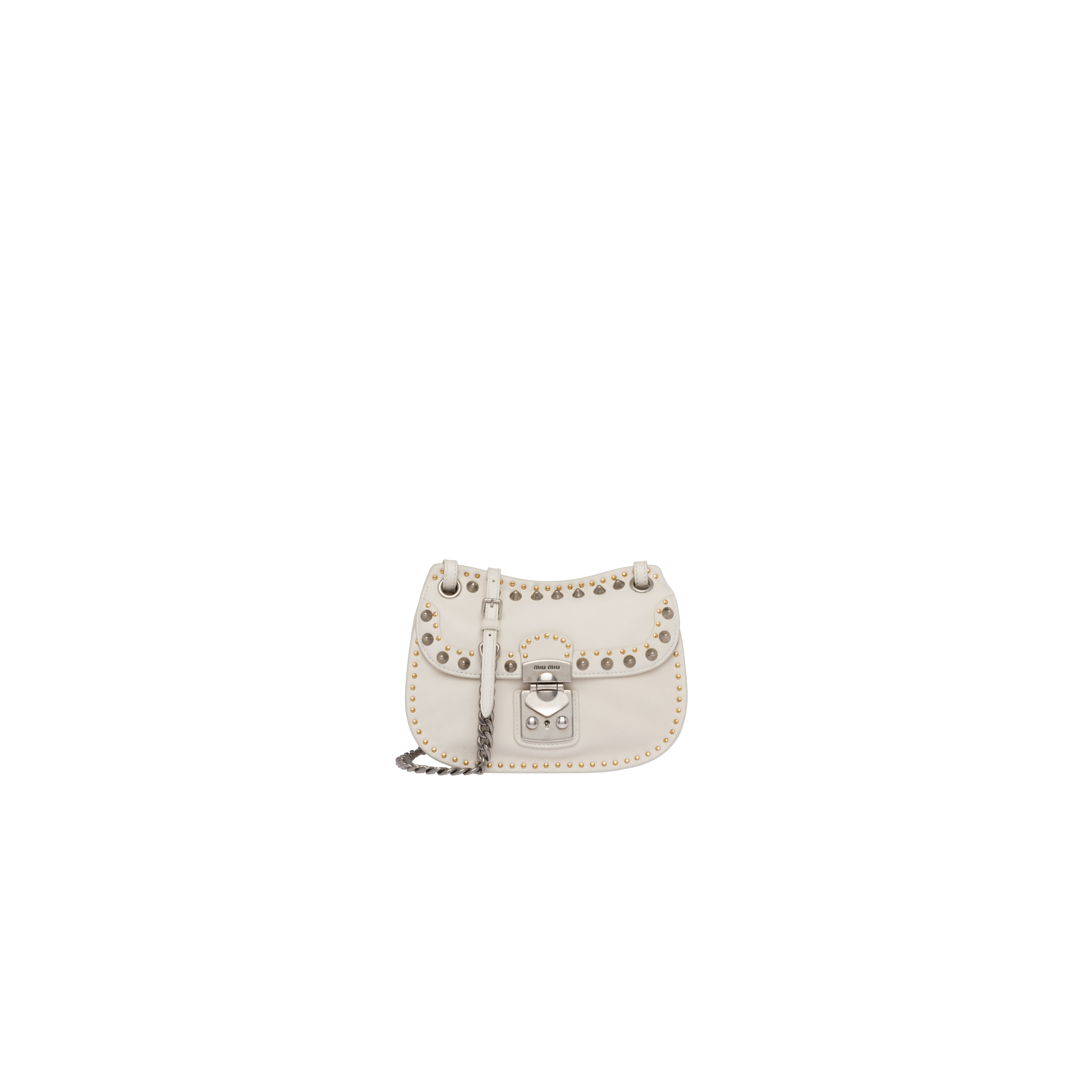 鉚釘皮革肩背包 NT$72,000 MIUMIU。（MIUMIU提供）