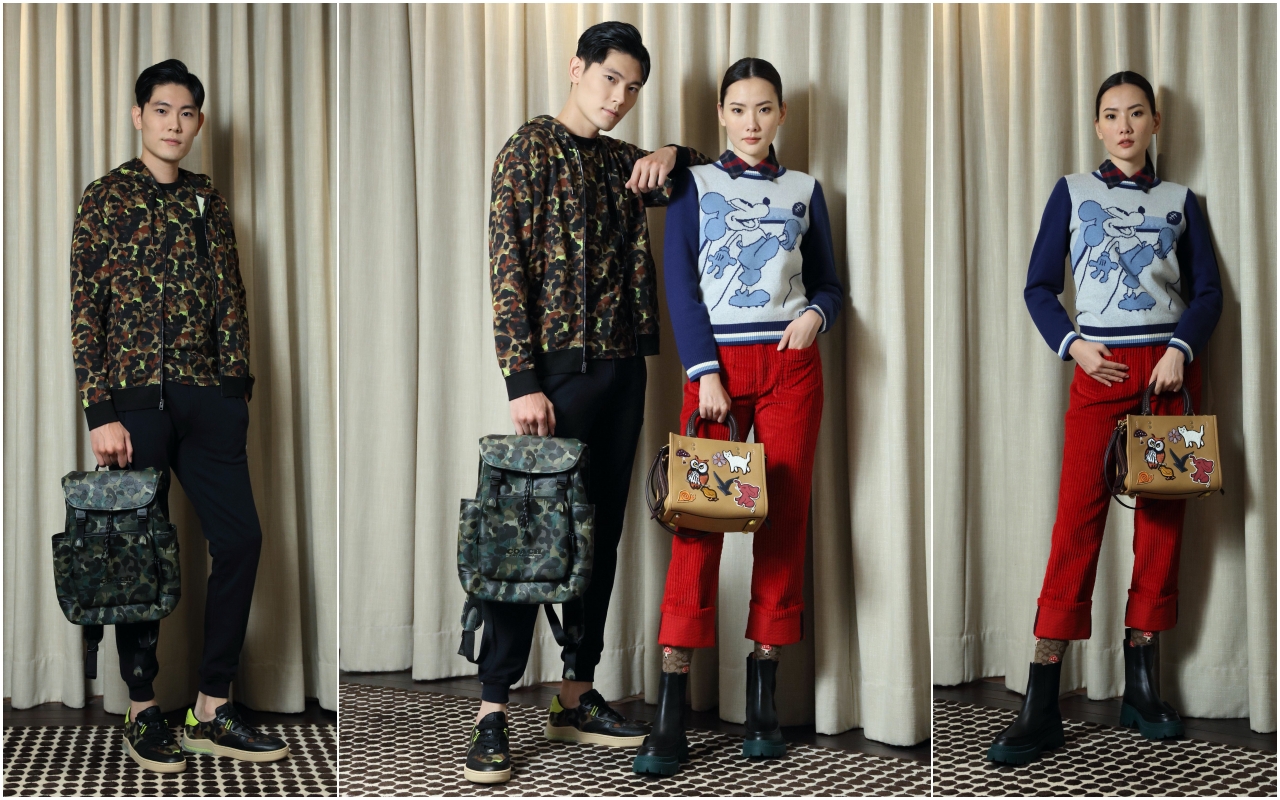 （左起）男模示範迷彩印花有機棉連帽外套（NT$8,900）、迷彩印花有機棉口袋T-SHIRT（NT$5,900）、有機棉運動長褲（NT$7,500）、LEAGUE迷彩印花翻蓋式後背包（NT$28,800）、CITYSOLE COURT迷彩印花休閒鞋（NT$9,500）；女模身穿法蘭絨格紋襯衫（NT$11,800）、米奇毛衣（NT$16,800）、紅色燈芯絨長褲（NT$11,800）、綠底撞色短靴（NT$13,800）、Rogue 25動物圖騰拼接手袋（NT$35,800）。（COACH提供）