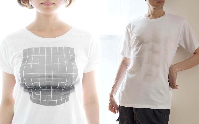 該工作室以推出有趣的設計商品為主，左為「貧乳專用3D巨乳T」，右為「隱約看到腹肌的假透視肌肉T」。（圖片來源：ekōD Works）