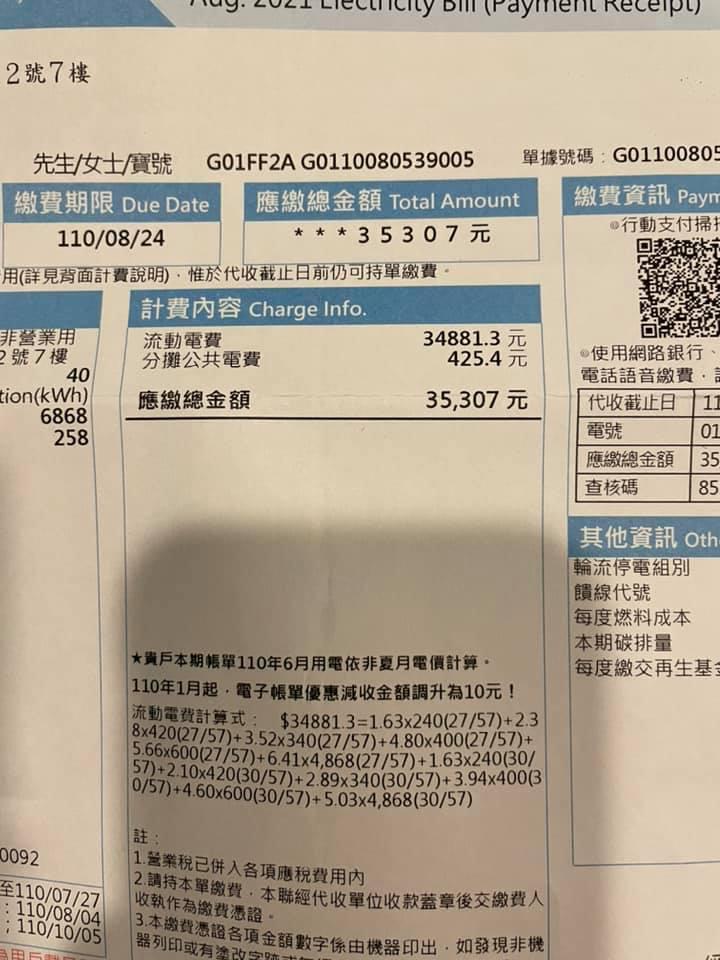 一名網友曬出3.5萬元電費帳單,質疑電費漲價了。(翻攝自爆料公社臉書)