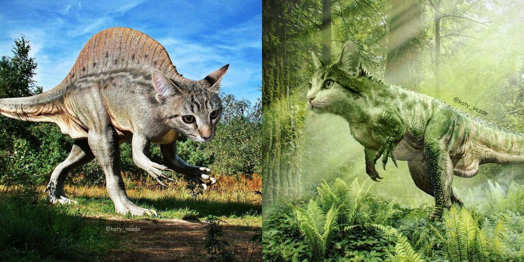 貓與恐龍合成後,網友也開玩笑地說,這應該是真實存在的史前生物。(翻攝IG@koty_vezde)