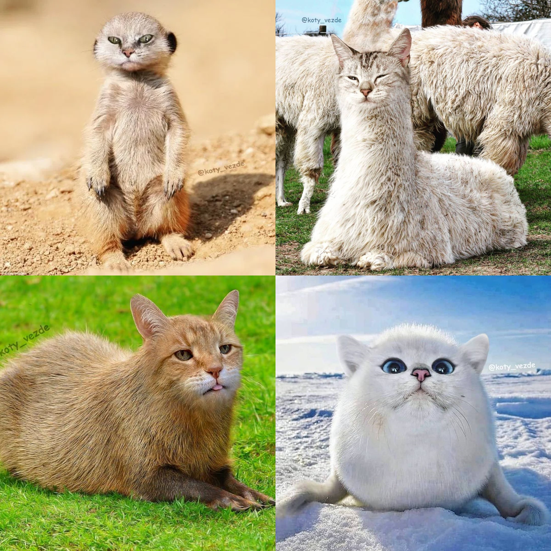 網路四大療癒萌獸狐獴、羊駝、水豚以及海豹都被合成上貓臉。(翻攝IG@koty_vezde)