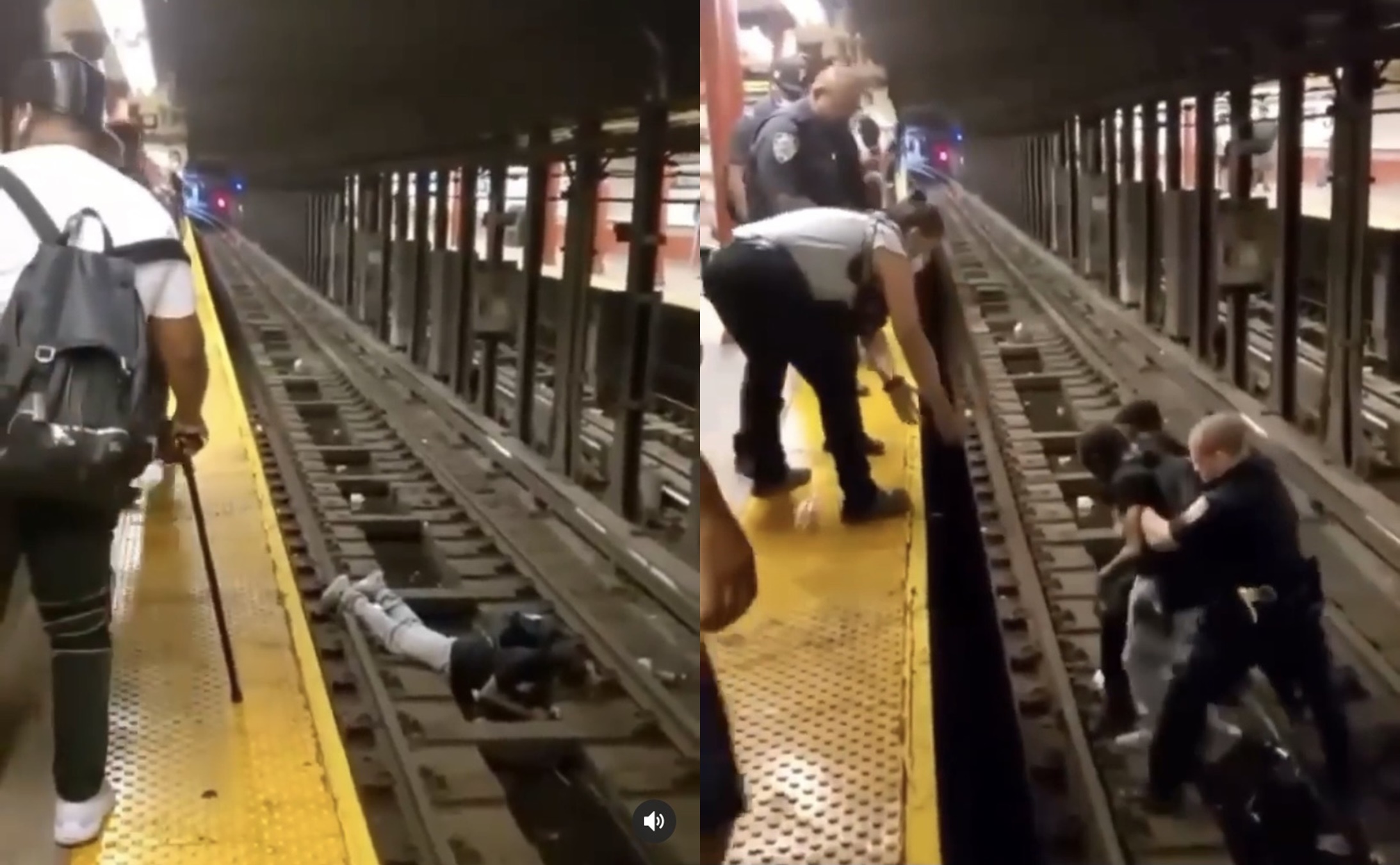 美國一名男子日前因眩暈不慎摔落軌道，一名勇警和熱心民眾協助將他救起。（翻攝自NYPD Instagram）