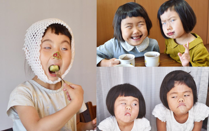 日本媽媽Kana常在IG上分享兩個女兒日常照片，鬼靈精怪的兩姊妹總有許多搞笑表情，逗趣又有特色的姊妹互動，已圈粉無數。（翻攝IG@ku_neru_hasyagu）