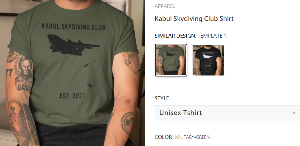 多家電商販售阿富汗人逃難墜落的衣服，讓網友相當憤怒。（翻攝自tshirtatlowprice官網）