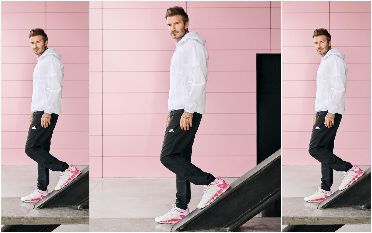 David Beckham演繹的adidas CLIMACOOL VENTO X Beckham以純白鞋身為基底,白色切割BOOST中底上揮灑螢光粉潑墨設計,為極簡外型畫上搶眼焦點。(adidas提供)