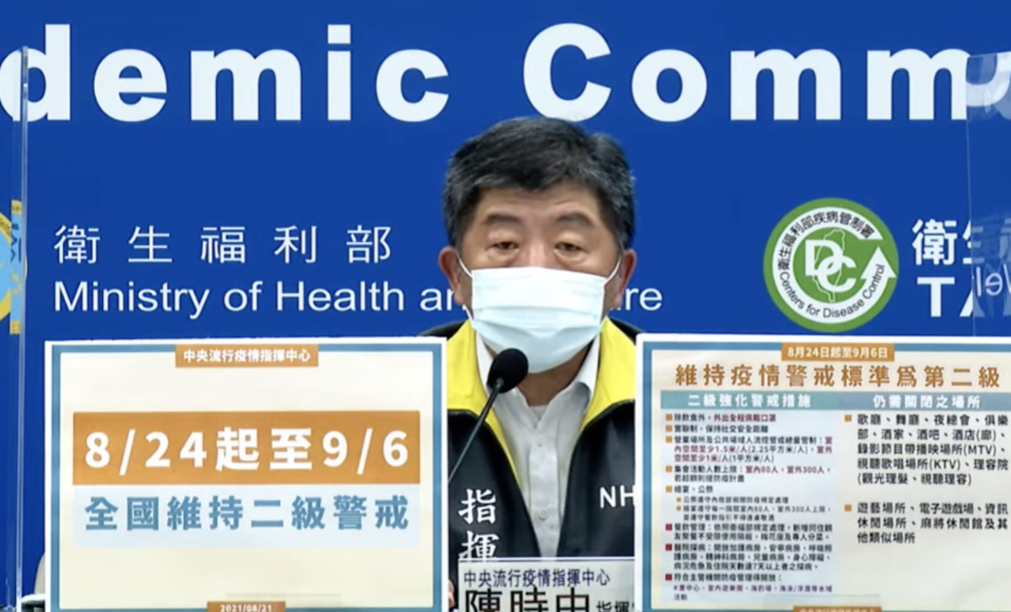 陳時中今宣布二級警戒延至9/6。(翻攝疫情記者會畫面)