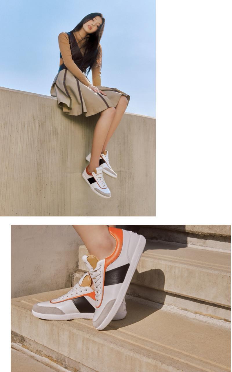 Joy腳穿TOD'S復古皮革拼接休閒鞋，NT$23,000。（迪生提供）
