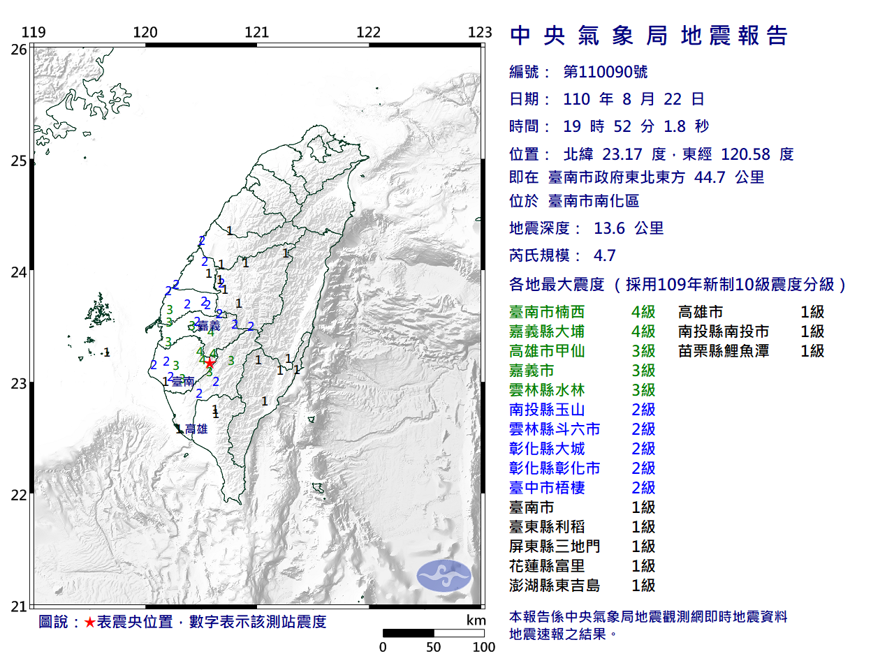 今(22)日晚間7時52分01秒台南地區發生芮氏規模4.7之地震,震央在台南市。(翻攝自中央氣象局)