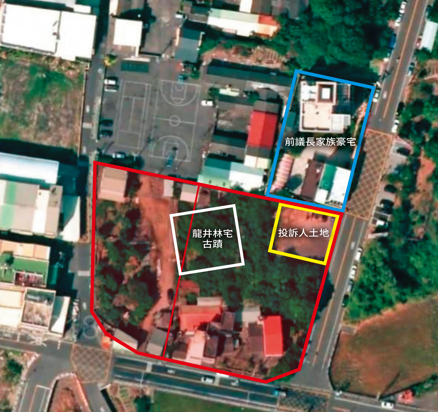 龍井林宅（白框處）約200坪，但台中市府卻將周邊1,600多坪建地（紅框處）納入古蹟範圍。（翻攝自自文化部國家文化資產網）