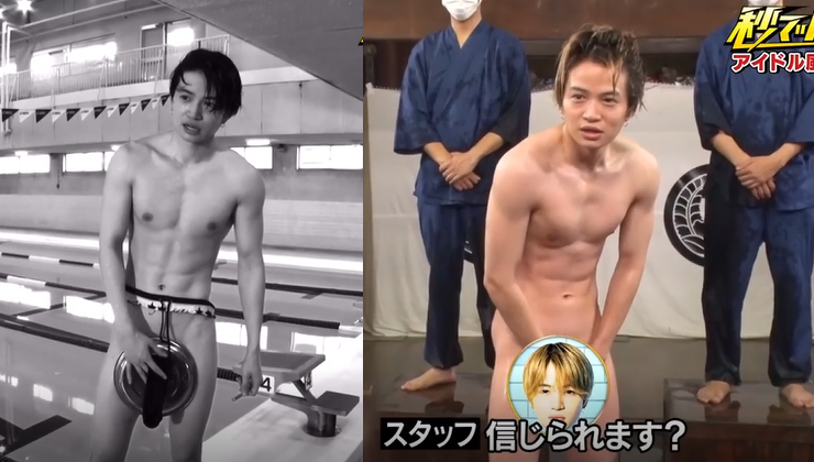 「Sexy Zone」成員菊池風磨去年(左圖)被節目惡整,游泳到一半泳褲自動溶解,今年節目再次絞盡腦汁整他(右圖),讓他全裸示人。(翻攝自富士電視台)