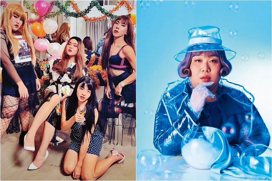 黃小愛（左圖左一）、dumbo（左圖左二）、郭郁承（左圖右二）、林進（左圖右一）女裝扮相妖嬌，打算翻轉印象，打造帥氣男團。雖然跟娘娘（右圖）不熟，但希望男團更國際化，林進力邀娘娘加入。（翻攝自lingin1209林進 IG、翻攝自娘娘臉書）