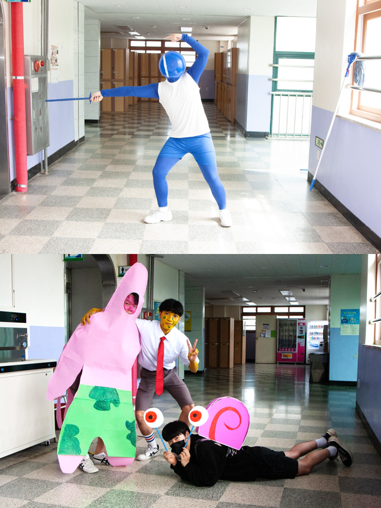 議政府高中的cosplay以低成本風格為主，可以看出奧運小藍人的臉部以及海綿寶寶、派大星與小蝸的道具都頗為克難，但畢業生們都致力發揮搞笑的精神。（翻攝自「議政府高中（의정부고등학교 학생자치회）FB」）