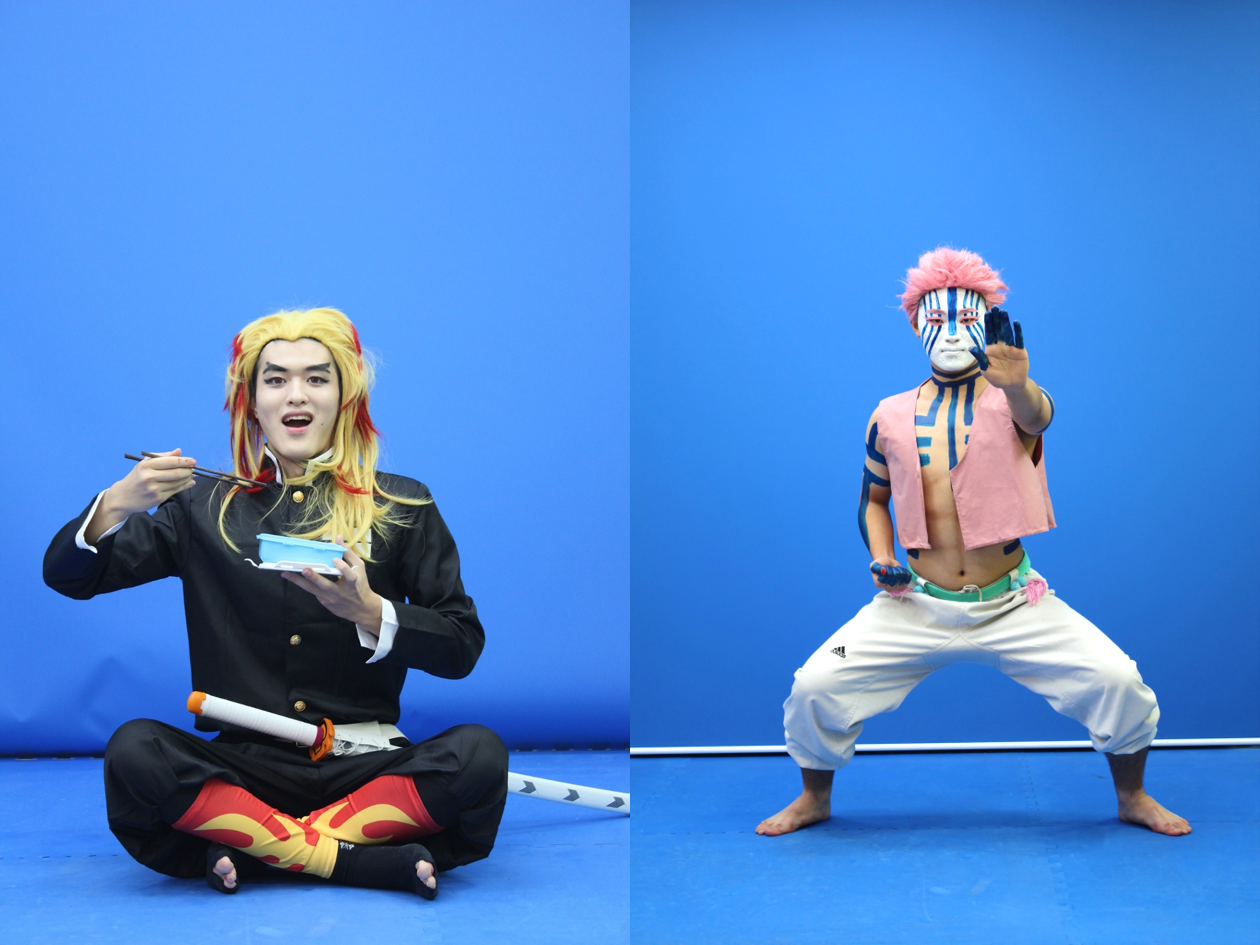 人氣動漫《鬼滅之刃》經常是cosplay常出現的角色，（左）扮演煉獄杏壽郎的同學直接將其襪子剪破口，（右）對手猗窩座的褲子則是愛迪達的。（翻攝自「議政府高中（의정부고등학교 학생자치회）FB」）
