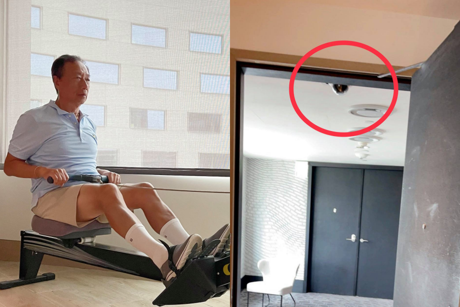 郭台銘日前飛往歐洲，搭乘私人飛機回台後依舊需要隔離14天，還有攝影機「監視」。（翻攝自郭台銘臉書）