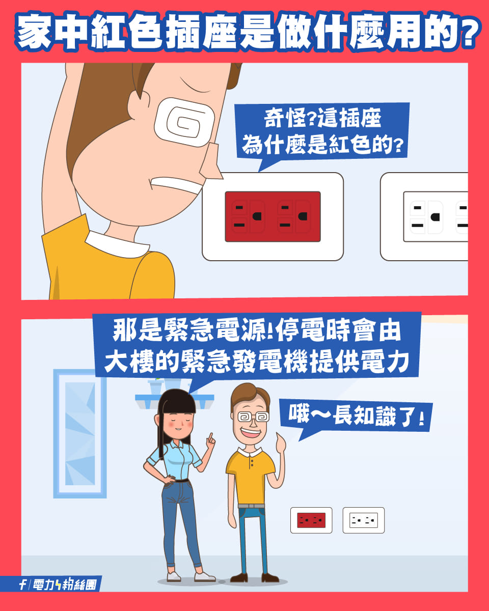 台電粉專出面解答，表示紅色插座是緊急電源，停電時會由大樓的緊急發電機提供電力。（翻攝自電力粉絲團））
