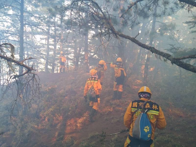 5月玉山大火燒12天才撲滅，延燒面積79.7公頃，損失達2億元；圖為當時救災畫面。（嘉義林管處提供）