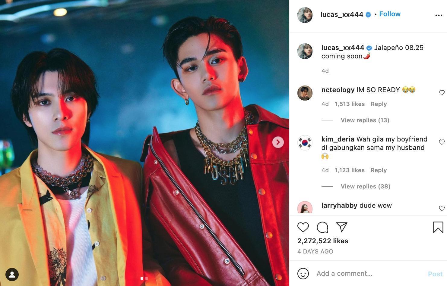 Lucas與NCT中國分隊「威神V」同團成員HENDERY原本預計今發行單曲,已取消宣傳計劃。(截圖自Lucas IG)