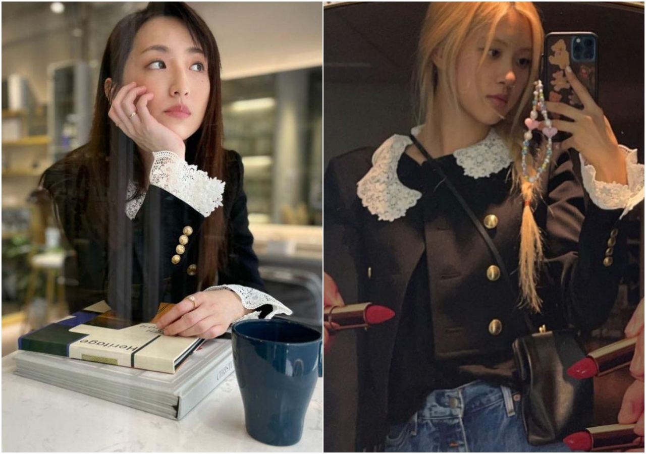 （左起）柯佳嬿的氣質look與ROSÉ隨性穿法，詮釋出黝黑色拼接蕾絲刺繡獵裝外套的不同面貌。