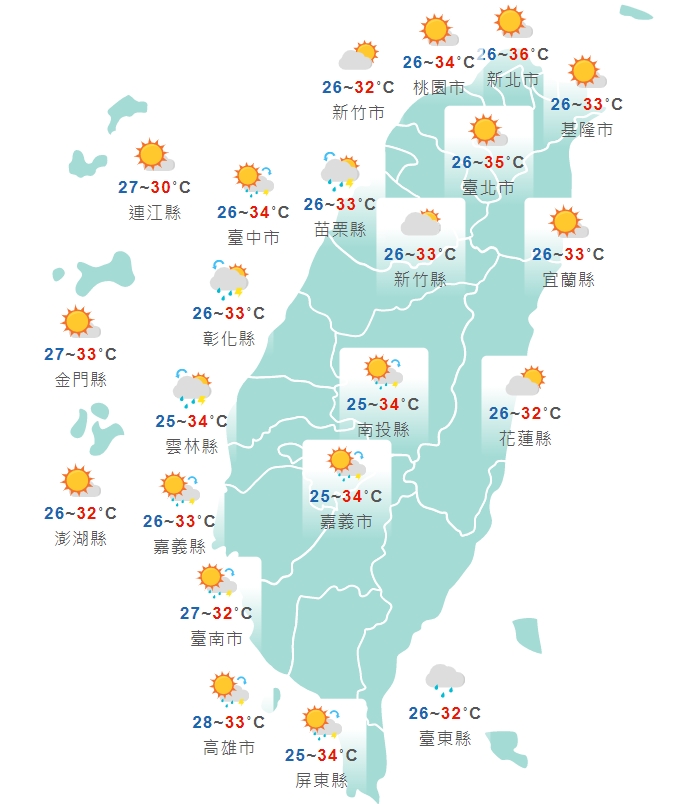 全台各地白天天氣狀況一覽。（翻攝自中央氣象局官網）